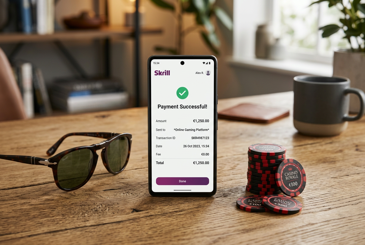 A digital wallet interface showing a Skrill transaction on a smartphone next to casino chips.